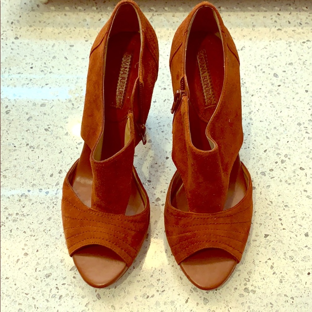 Cognac suede cutout platform heels